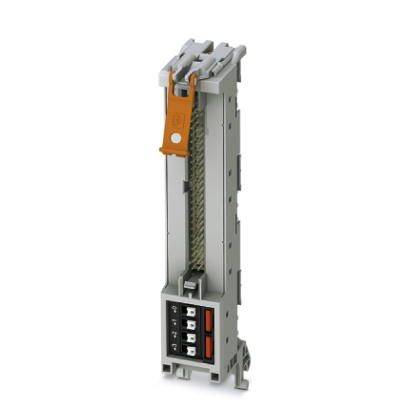 Terminal block in grey colour with an orange lever, used for securing electrical connections.