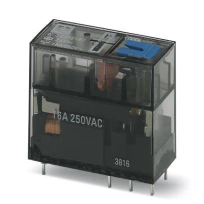 A black relay with multiple terminals, labelled '16A 250VAC', used for electrical control in circuits.
