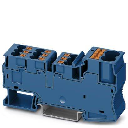 A blue electrical terminal block with multiple connection points for wiring electrical components.