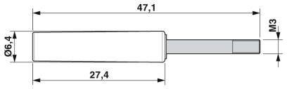 Technical drawing of a cylindrical object with dimensions: 47.1 length, 6.4 diameter, 27.4 housing length, M3 pin.