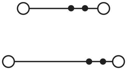 Two parallel lines with three black points, one line at the top with points in the middle, the other line at the bottom with points at the end.