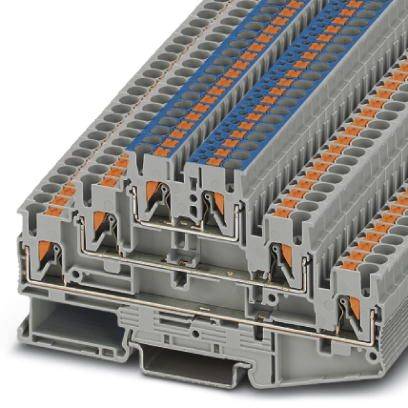 Row terminal in grey and blue with multiple levels and slots for electrical connections, set against a white background.