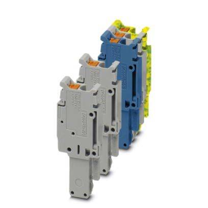 Row of terminal blocks in various colours arranged vertically. The colours are grey, blue, and yellow-green, representing different functions.