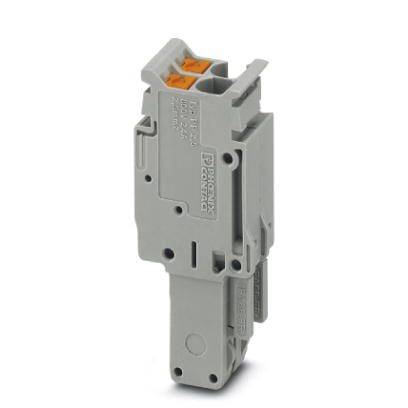 A grey terminal block adapter with two orange connections, labelled on the side with 'Phoenix Contact' for electrical installations.