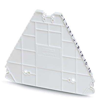 A white, triangular plastic cover with a grid-like pattern and lettering on the side.