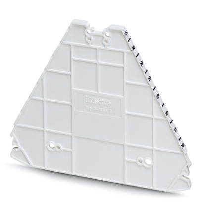 White, triangular partition plate with grid structure, screw holes, and side labelling strip, used for separation in electrical control cabinets.