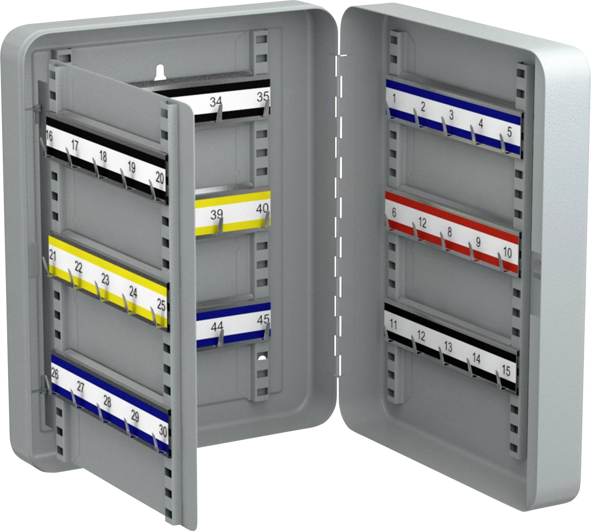 Metal key cabinet with an open door. Inside are numbered key hooks marked in various colours.