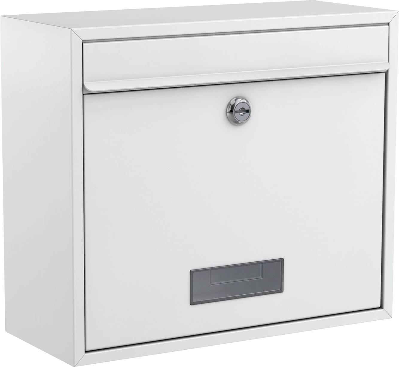 A silver, rectangular letterbox with a lock and a viewing window at the bottom, suitable for outdoor use.