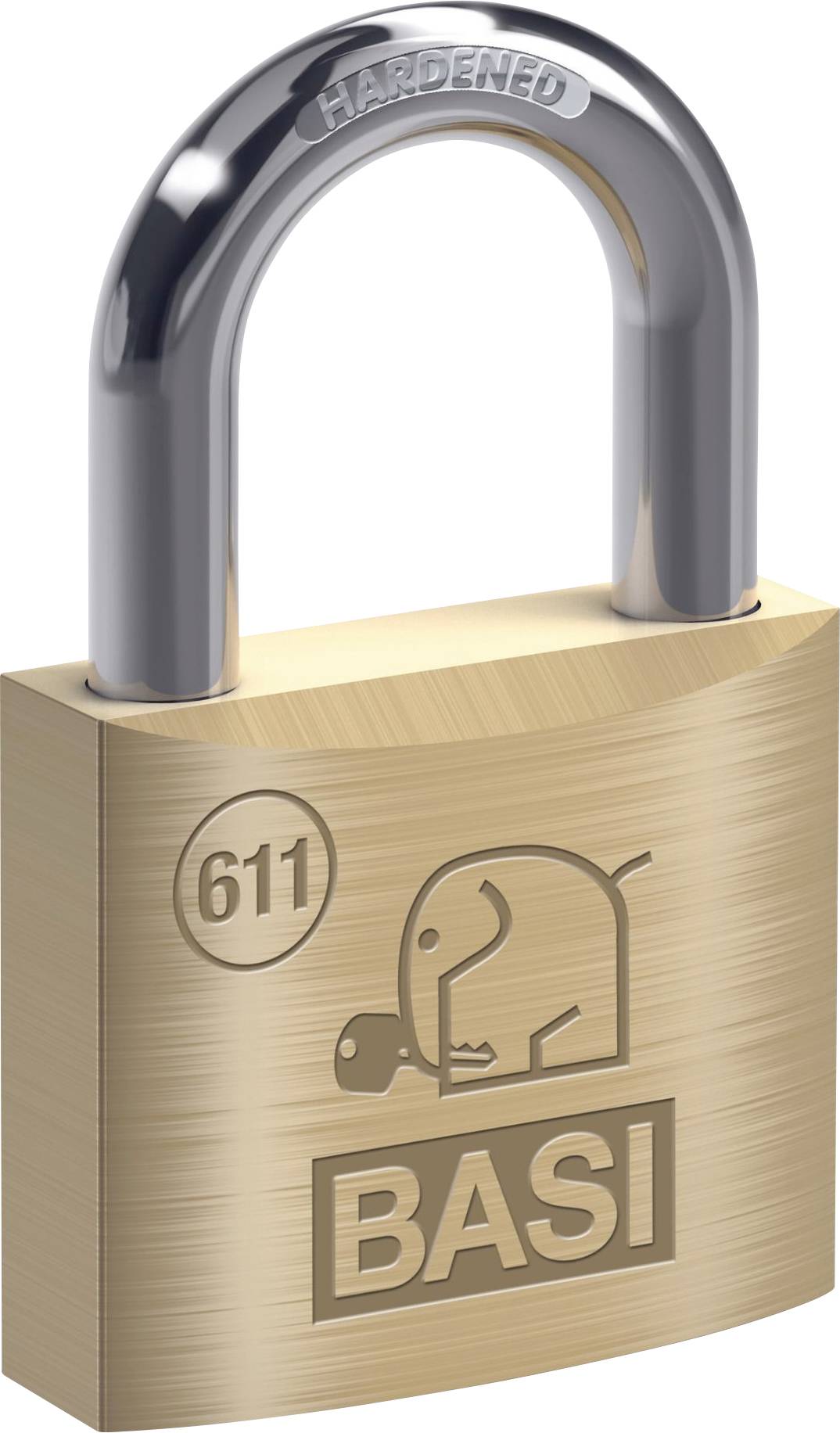 A metal padlock with the engraving 'BASI' and an elephant logo. The lock features a shiny U-shaped shackle at the top.