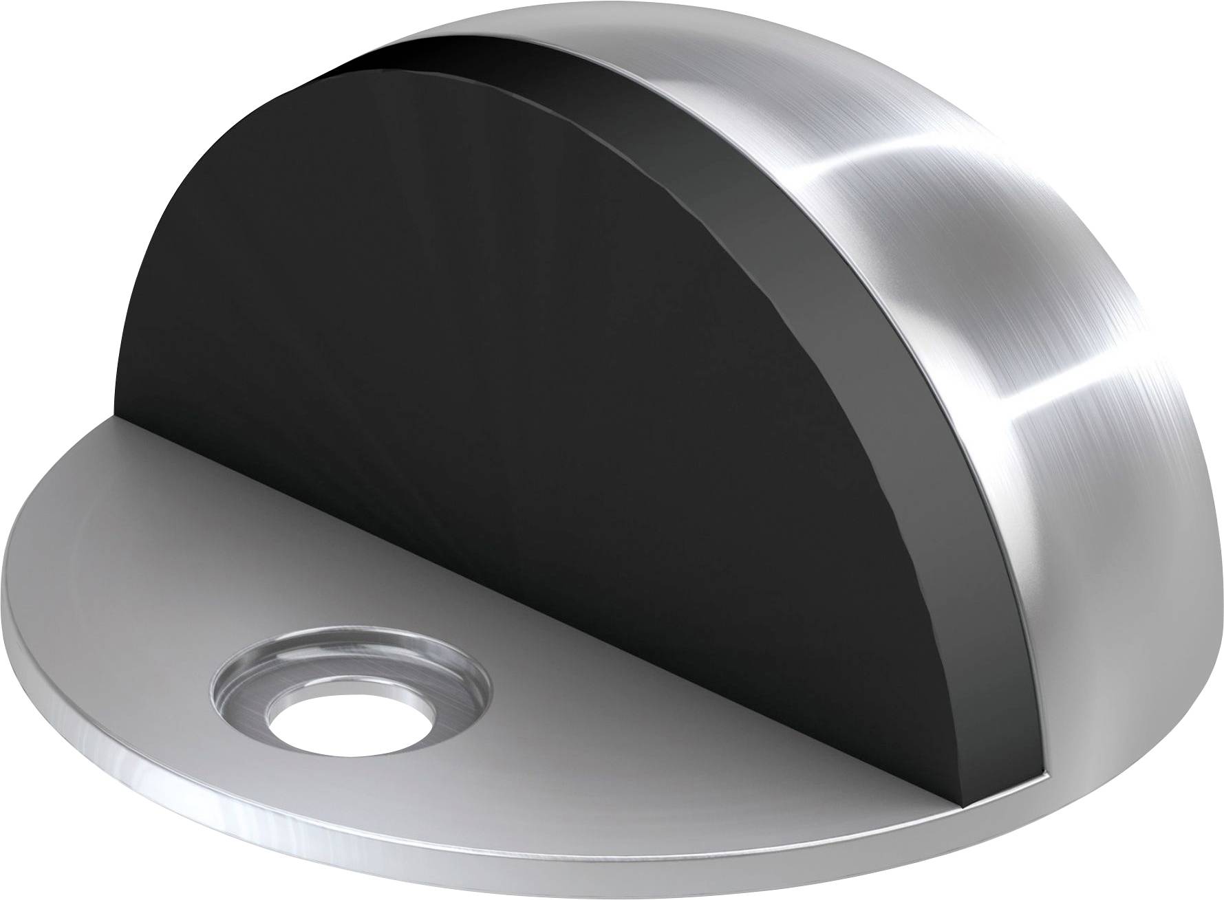 A semi-circular door stop element made of shiny metal with a rubber buffer and screw hole for floor mounting.