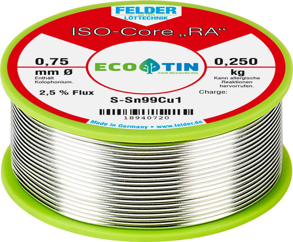Felder brand soldering tin coil with 0.75 mm diameter, 2.5% flux content, 0.250 kg weight, and designated 'ISO-Core RA'.
