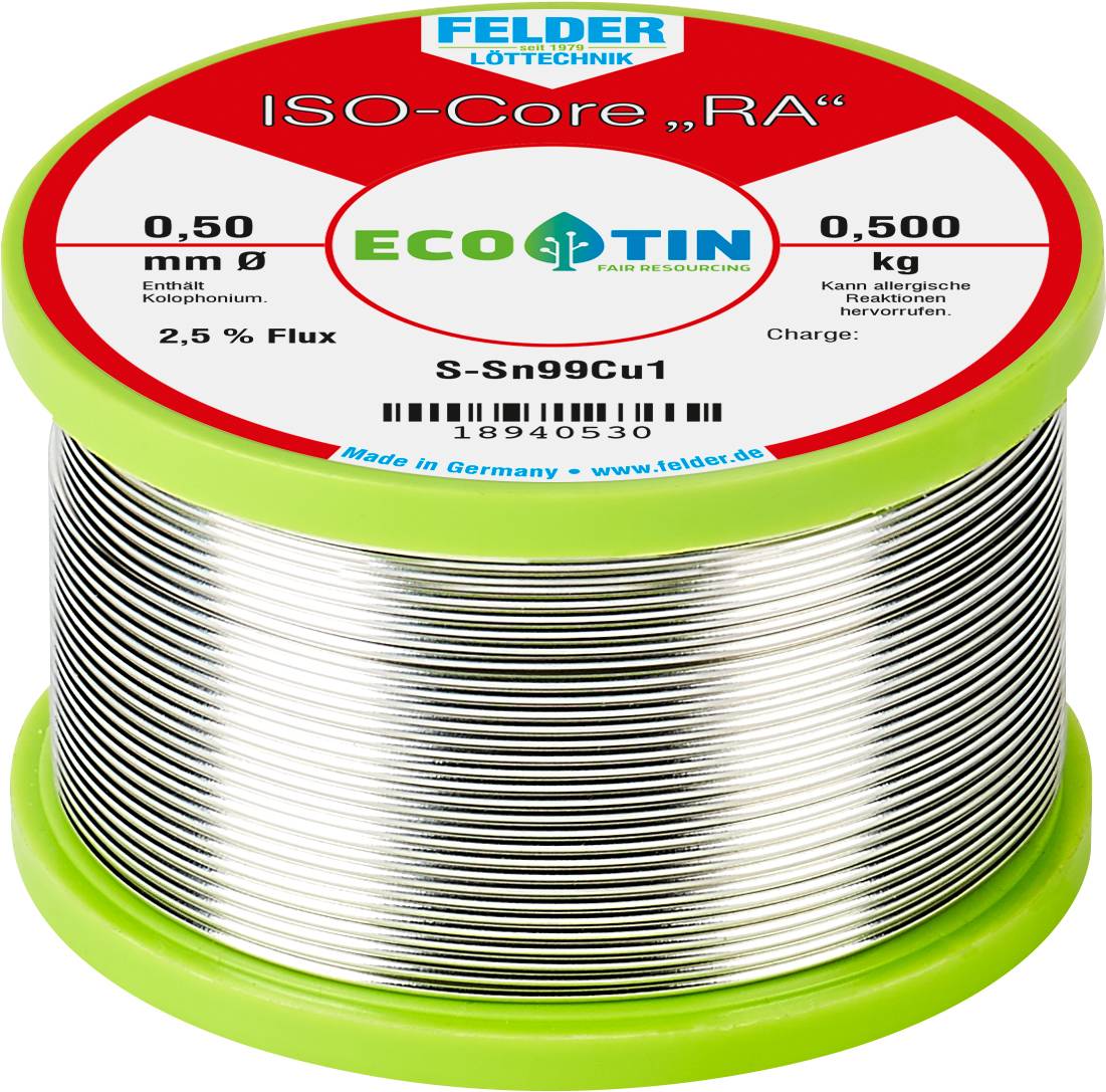 Solder tin reel with the inscription 'ISO-Core RA', diameter 0.50 mm, weight 0.500 kg, 2.5% flux. Contains rosin for soldering technique.