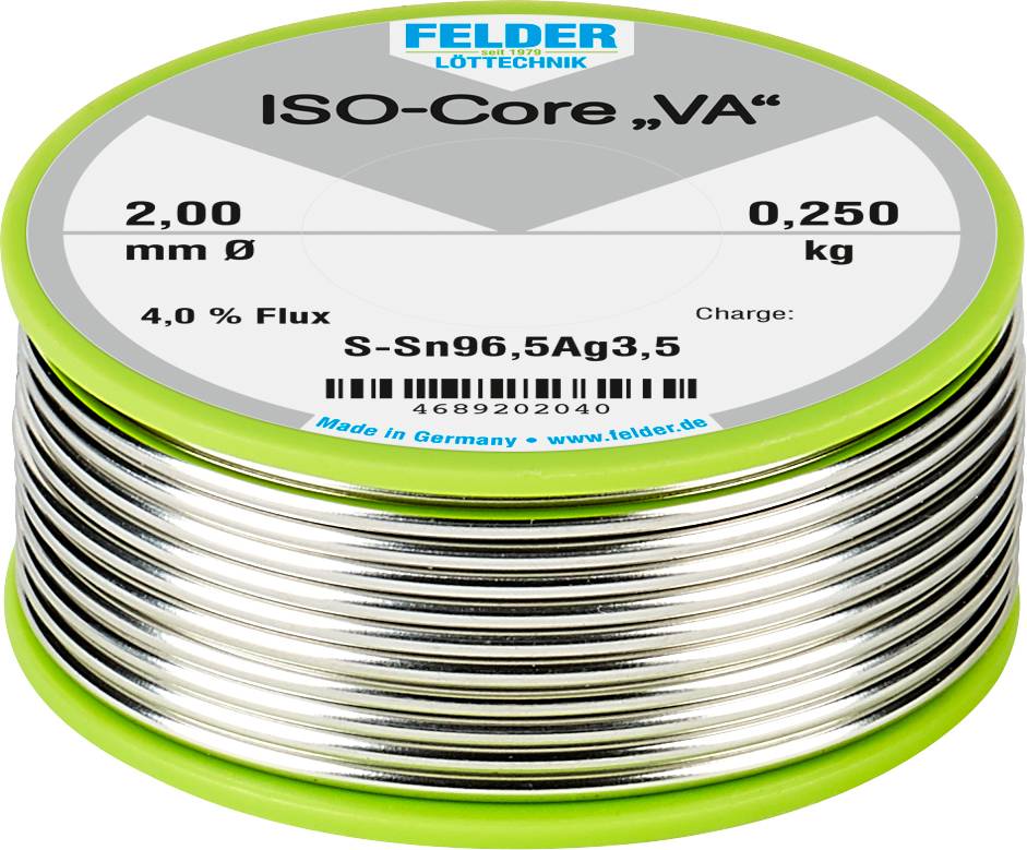 Solder tin coil from Felder with the inscription 'ISO-Core VA'. Diameter: 2.00 mm, Weight: 0.250 kg, Flux: 4.0%, Type: S-Sn96.5Ag3.5.