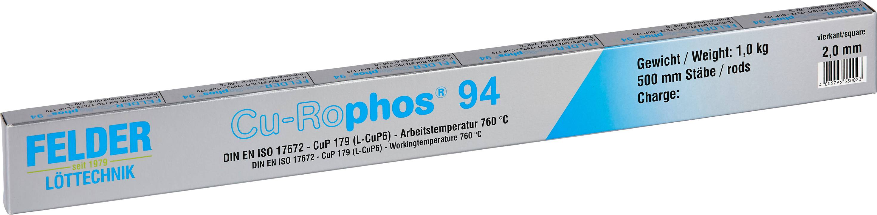 A package labelled 'Cu-Rophos 94', 2.0 mm, 500 mm rods, weight 1 kg. Manufacturer: Felder Welding Technology.