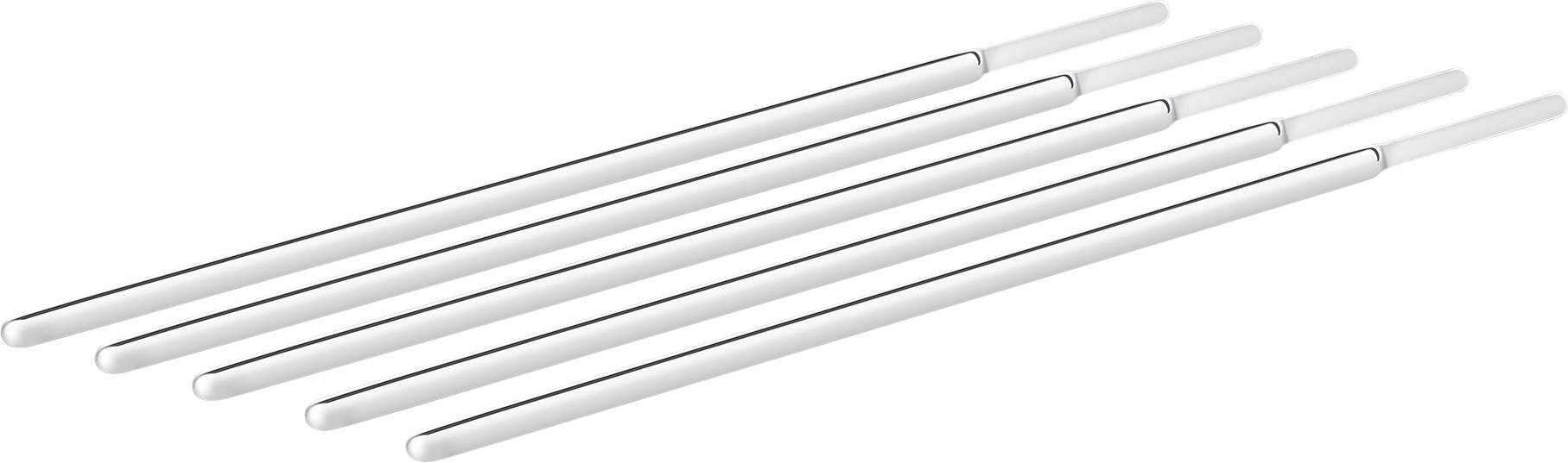 Six metal rods or tubes arranged in a slight fan, shown diagonally on a white background.