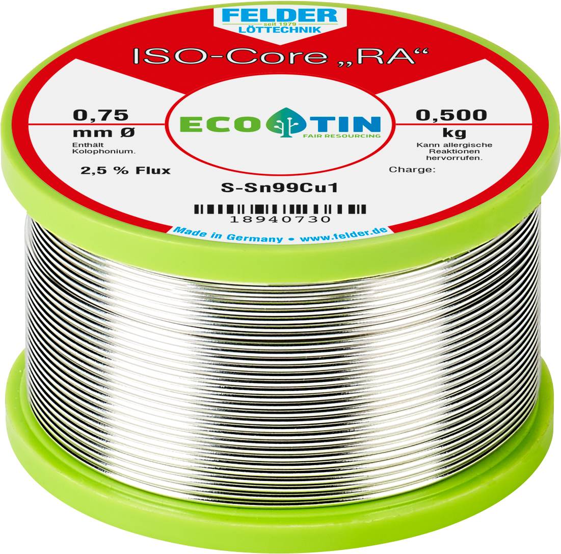 A reel of solder wire with the marking 'ISO-Core RA', 0.75 mm diameter, 0.500 kg weight, containing 2.5% flux, brand Eco-Tin.
