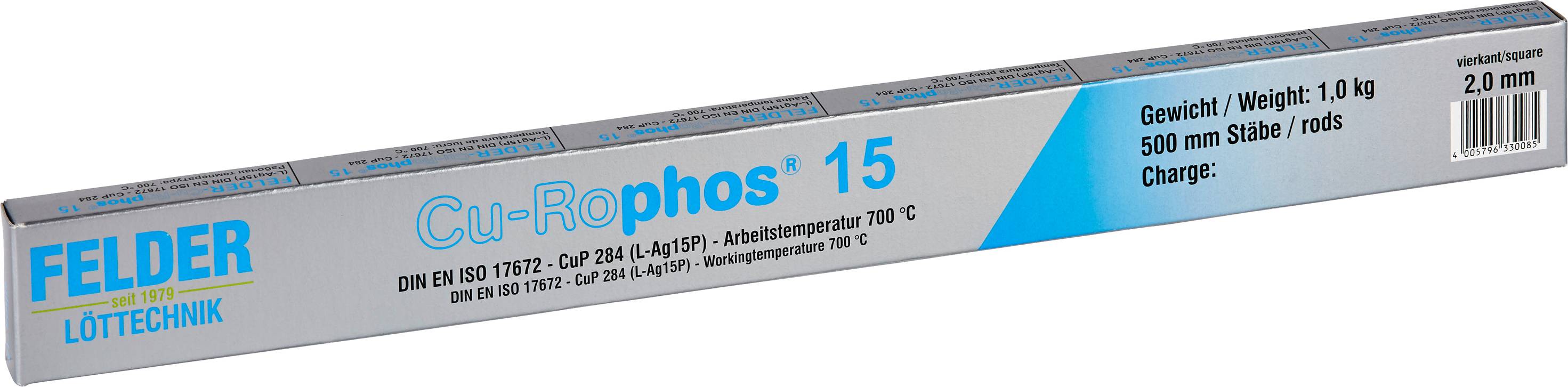 Felder Cu-Rophos 15 Soldering Rods, Weight 1 kg, Length 500 mm, Diameter 2.0 mm, Working Temperature 700 °C.