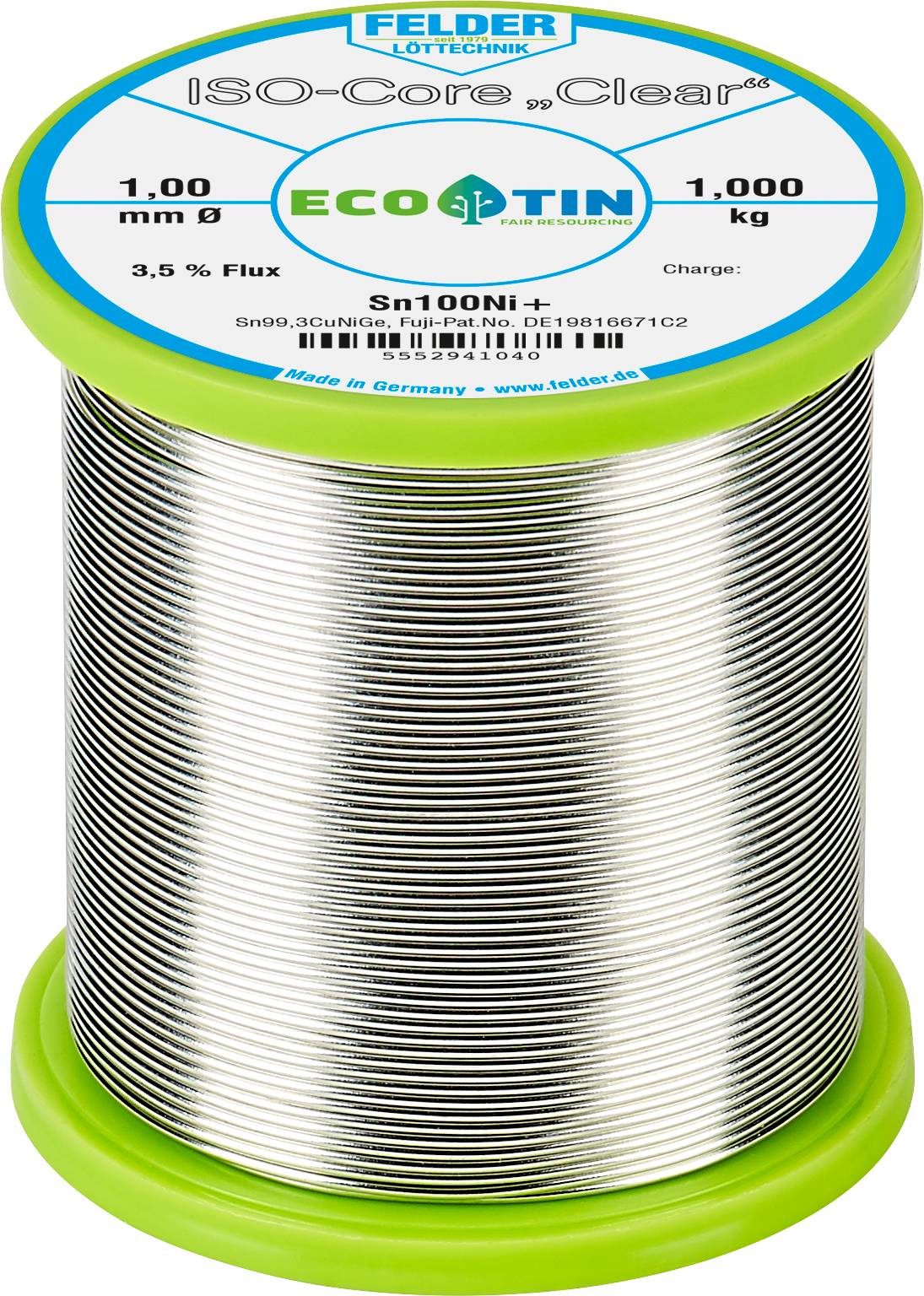 Solder Tin Reel 'ISO-Core Clear' by Felder, 1.00 mm diameter, 1,000 g weight, 3.5% flux, Sn100Ni+ alloy, environmentally friendly.