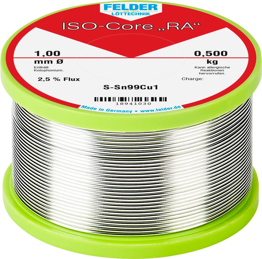Solder tin reel by Felder, ISO-Core 'RA', 1.00 mm diameter, 0.500 kg, 2.5% flux. Contains rosin.