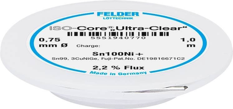 'ISO-Core Ultra-Clear' solder by Felder Löttechnik, 0.75 mm diameter, 1 m length, Sn100Ni+, 2.2% flux, manufactured in Germany.