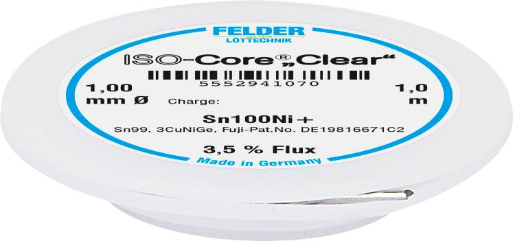 Solder tin coil with inscription 'ISO-Core Clear', 1.00 mm diameter, 1 m length, Sn100Ni+, 3.5% flux, manufactured in Germany.