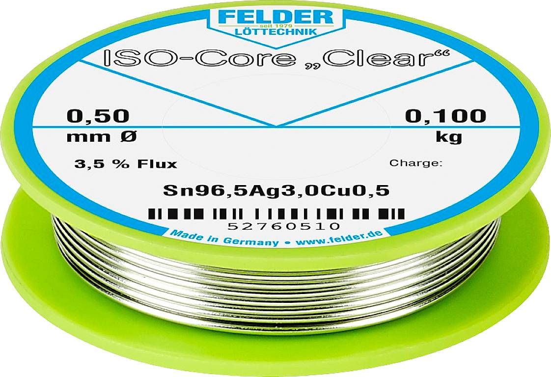 Solder wire from Felder Löttechnik, type 'ISO-Core Clear', 0.5 mm diameter, 0.1 kg, Sn96.5Ag3.0Cu0.5, 3.5% flux core.