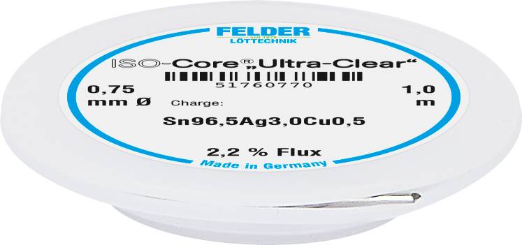 Feld 'ISO-Core Ultra-Clear' Solder Tin Reel, 0.75 mm diameter, 1.0 m length, Sn96.5Ag3.0Cu0.5 alloy, 2.2% flux, Manufactured in Germany.