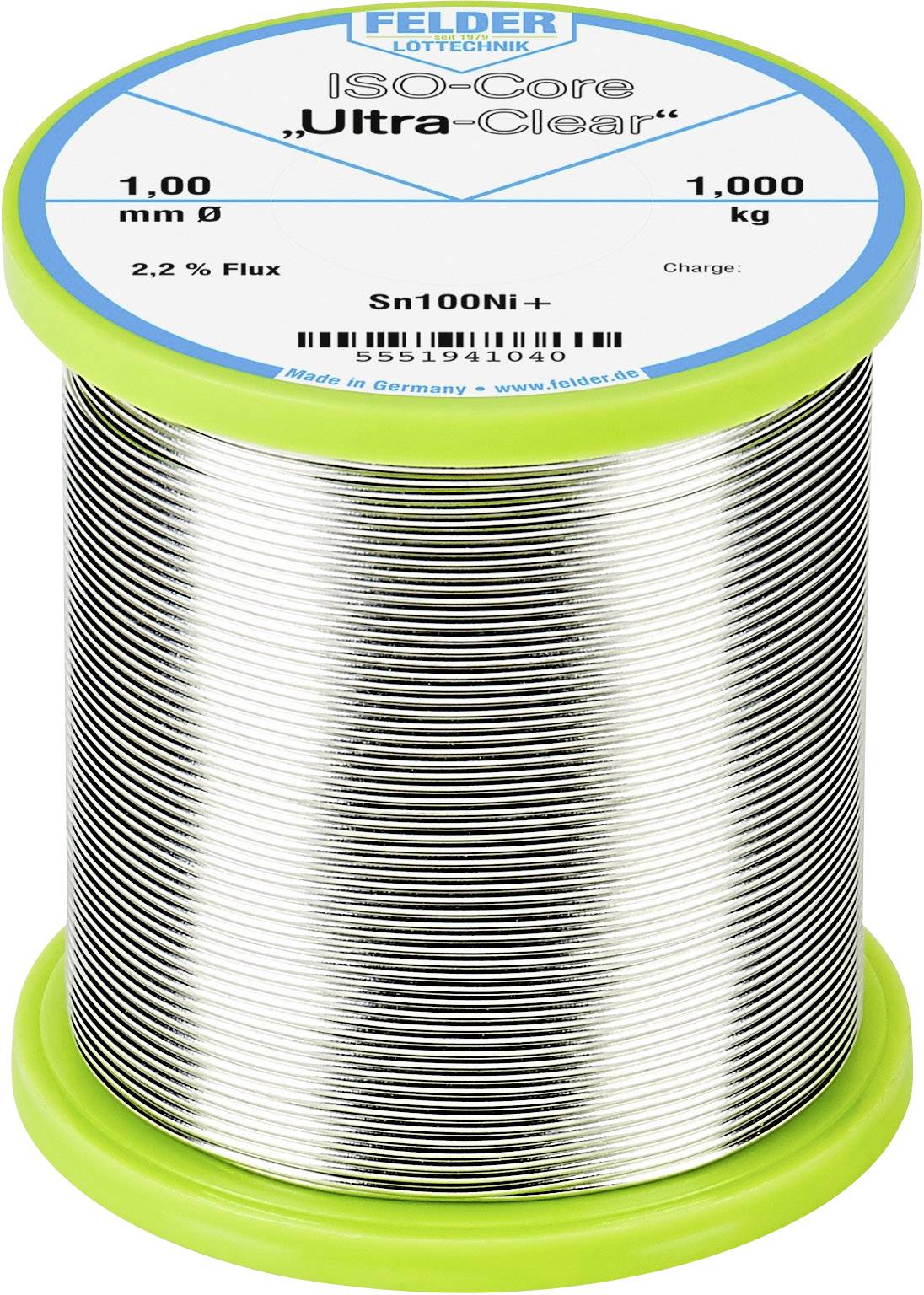 Solder tin roll from Felder with the inscription 'ISO-Core Ultra-Clear', 1.00 mm diameter, 1,000 kg, 2.2% flux, Sn100Ni+.
