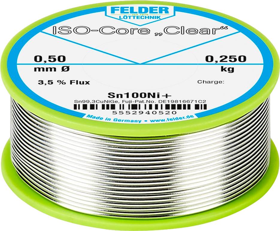 Felder brand soldering tin roll with the inscription 'ISO-Core Clear', diameter 0.50 mm, weight 0.250 kg, flux content 3.5%.