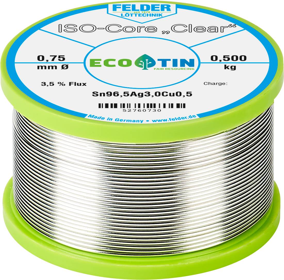 'Soldering wire spool with 'ISO-Core Clear' label, 0.75 mm diameter, 0.500 kg weight, 3.5% flux, Sn96.5Ag3.0Cu0.5.'