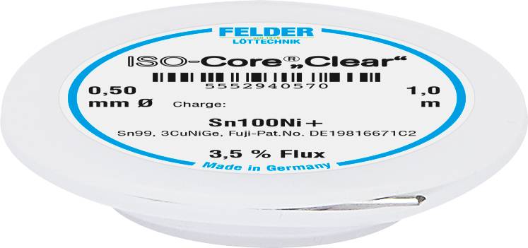Solder wire reel with 'ISO-Core Clear' label, diameter 0.50 mm, 1 m long, Sn100Ni+, 3.5% flux, manufactured in Germany.
