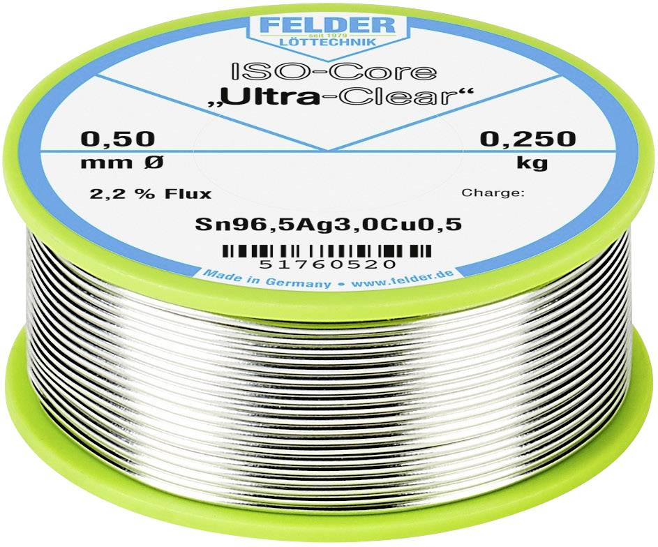 Solder tin coil by Felder, model 'ISO-Core Ultra-Clear', 0.5 mm diameter, 0.250 kg, 2.2% flux, Sn96.5Ag3.0Cu0.5.