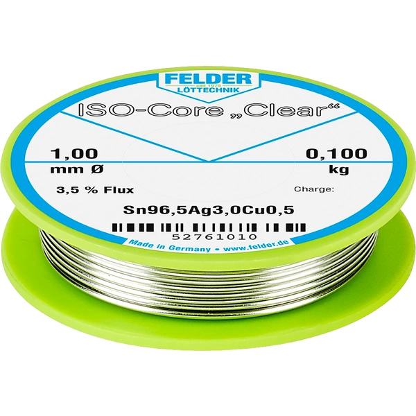Felder ISO-Core "Clear" SAC305 Solder Reel Sn96,5Ag3Cu0,5 0.100 kg 1 mm Felder ISO-Core "Clear" SAC305 Solder Reel Sn96,5Ag3Cu0,5 0.100 kg 1 mm
