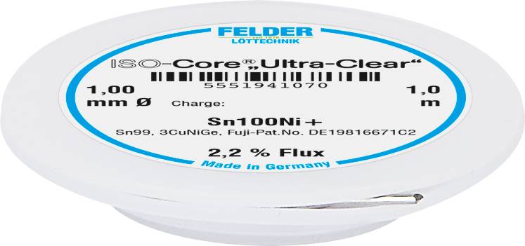 Tin can with 'ISO-Core Ultra-Clear' from Felder Soldering Technology. Contains Sn100Ni+, 1.00 mm diameter, 2.2% flux, manufactured in Germany.