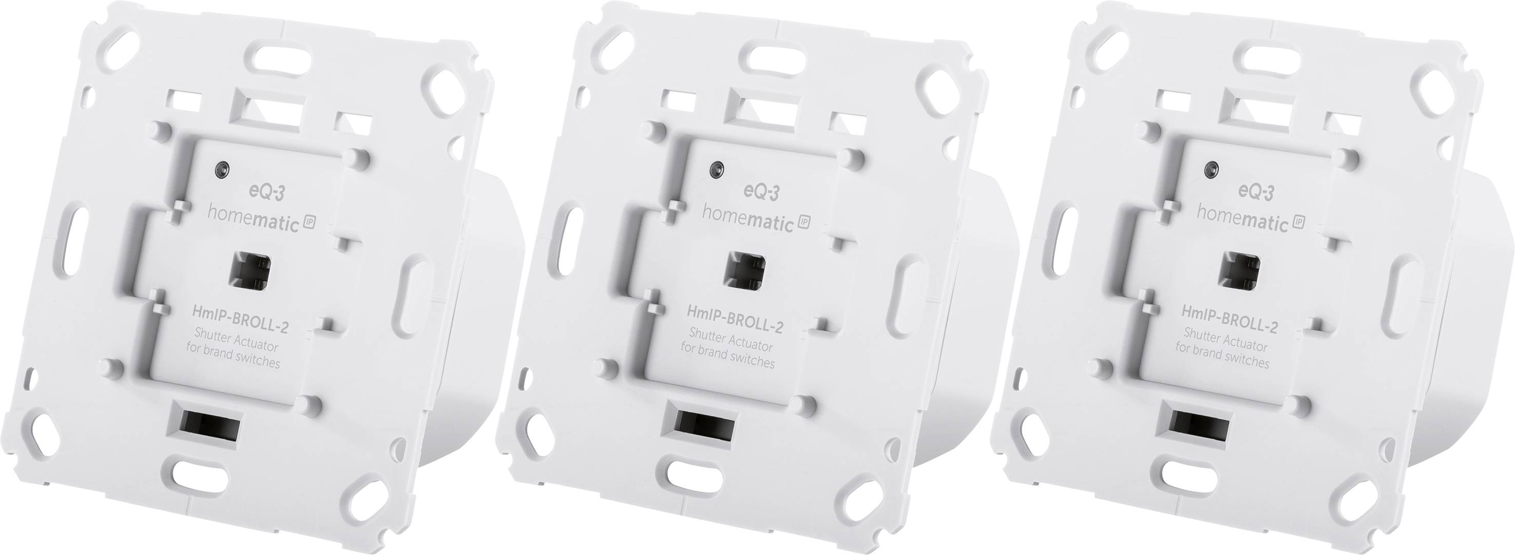 Three white electric wall switches with a square design lined up against a neutral background.