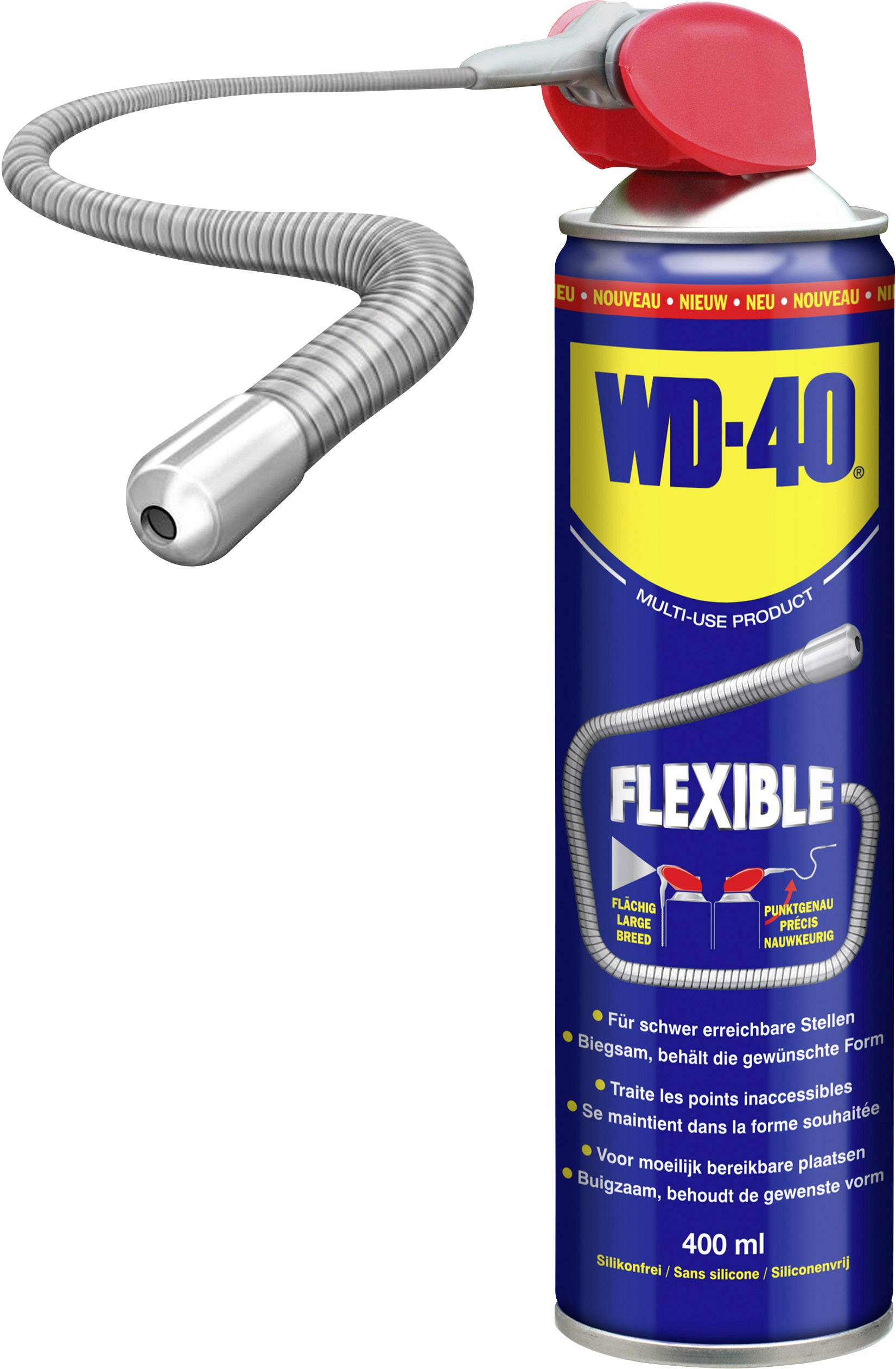 WD-40 spray can with flexible spray nozzle for hard-to-reach areas. Red valve, blue label with yellow WD-40 logo. 400 ml.