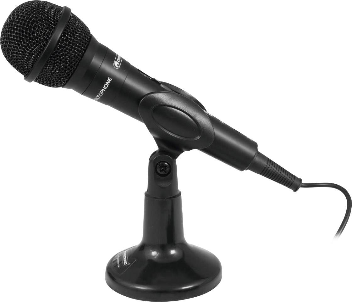 A black microphone sits on a table stand, connected with a cable. Ideal for presentations or singing.