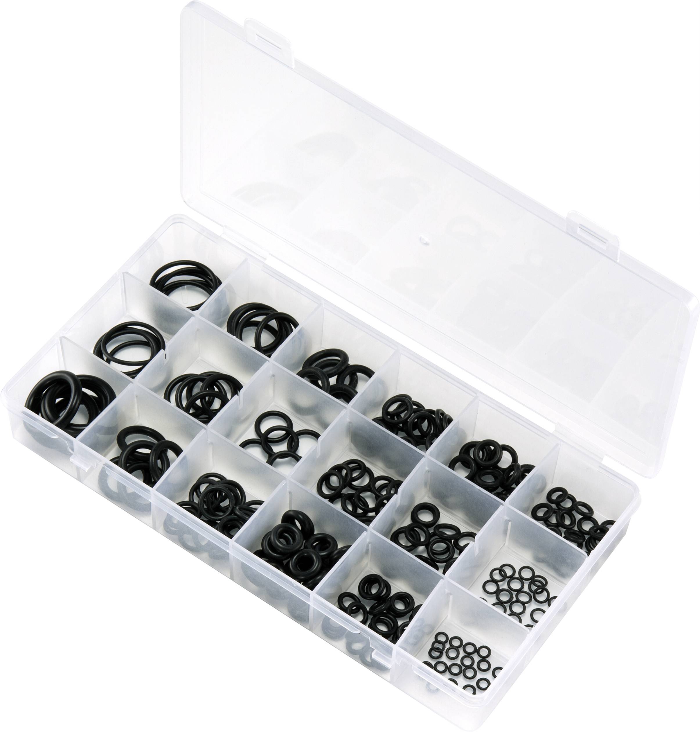 An opened plastic container with various black rubber sealing rings arranged in multiple compartments.