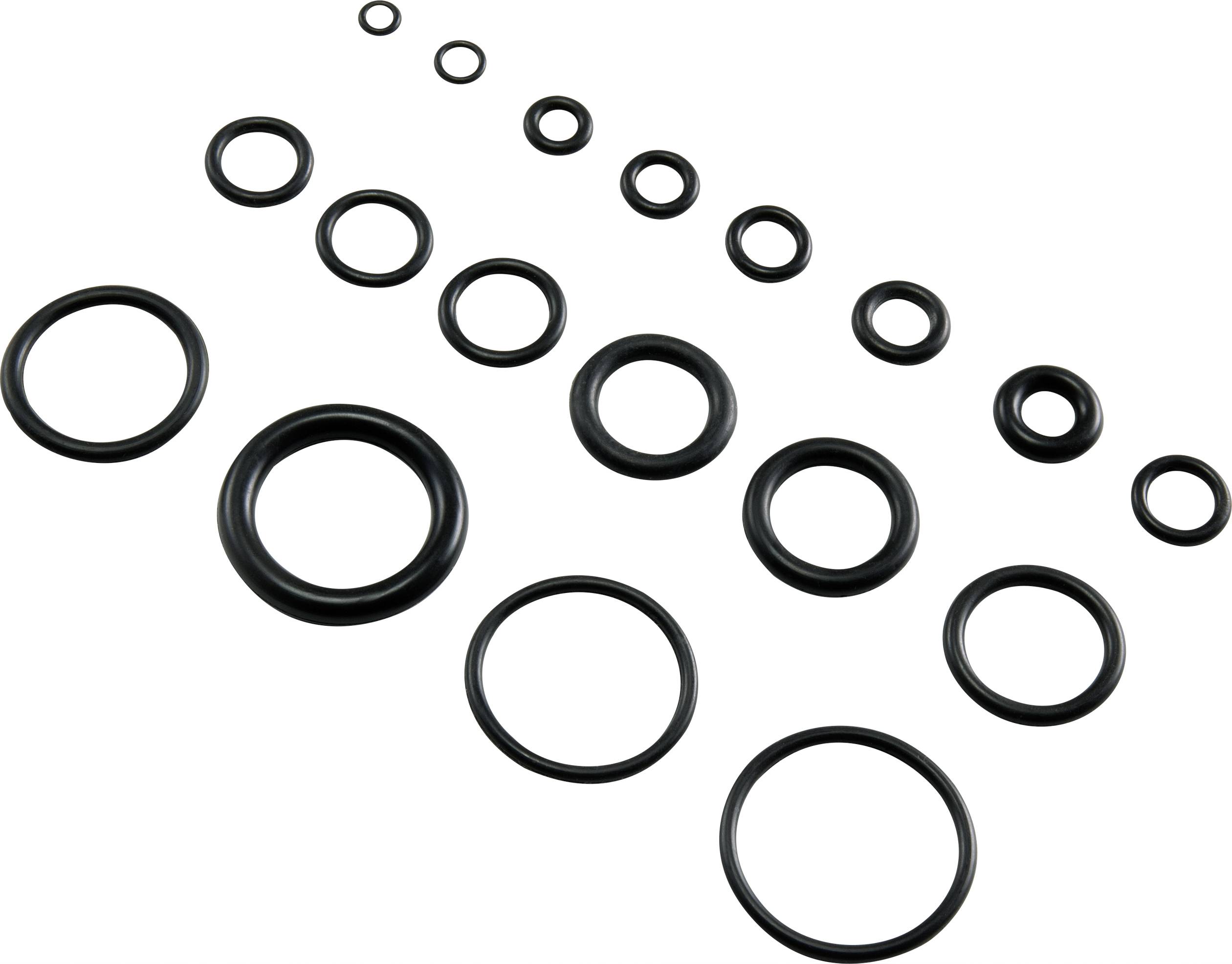 Several black O-rings in different sizes on a white background, arranged in rows from small to large.