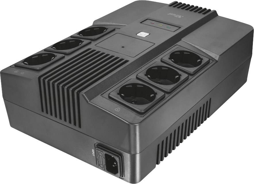 Black uninterruptible power supply unit with multiple sockets for power outage bridging. Shows ventilation slots and connection ports.