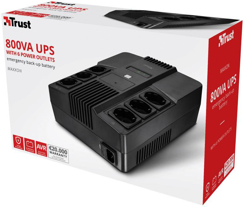 Black 800VA uninterruptible power supply from Trust with 6 sockets for emergency power supply, pictured on the packaging.