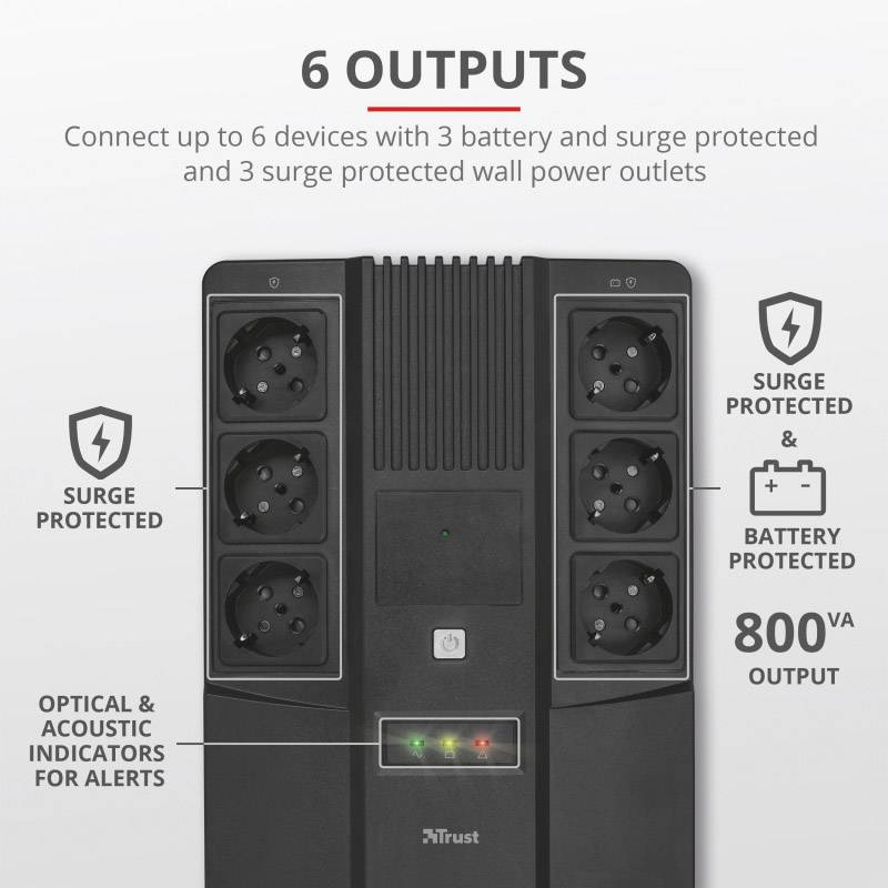 Black power distributor with 6 outputs, including 3 battery and surge protected. Indicator lights and text '800VA Output'.