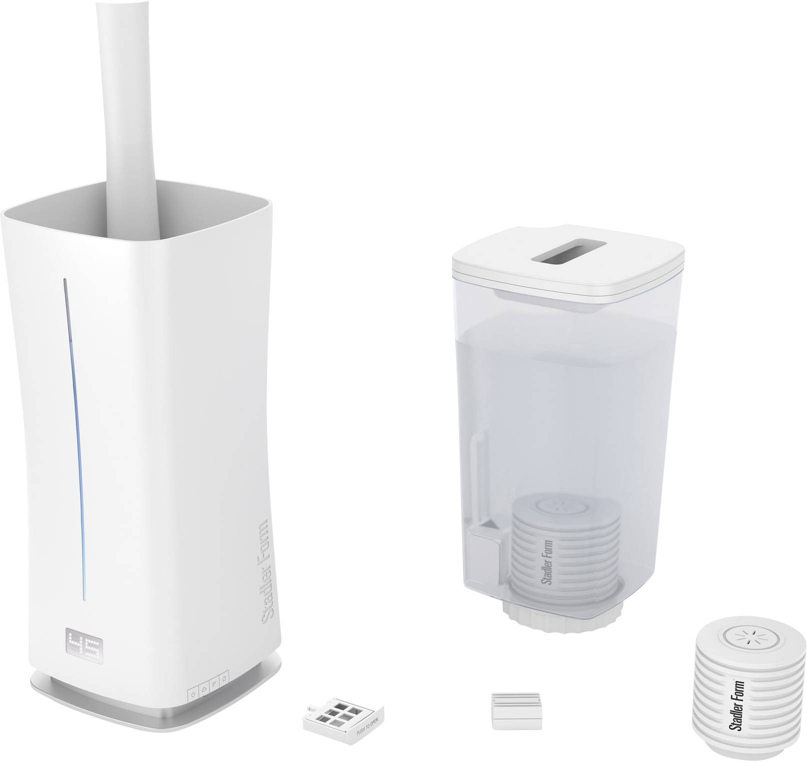 A white electric air humidifier with a grey filter insert is shown, alongside a transparent water reservoir and a fitted lid.