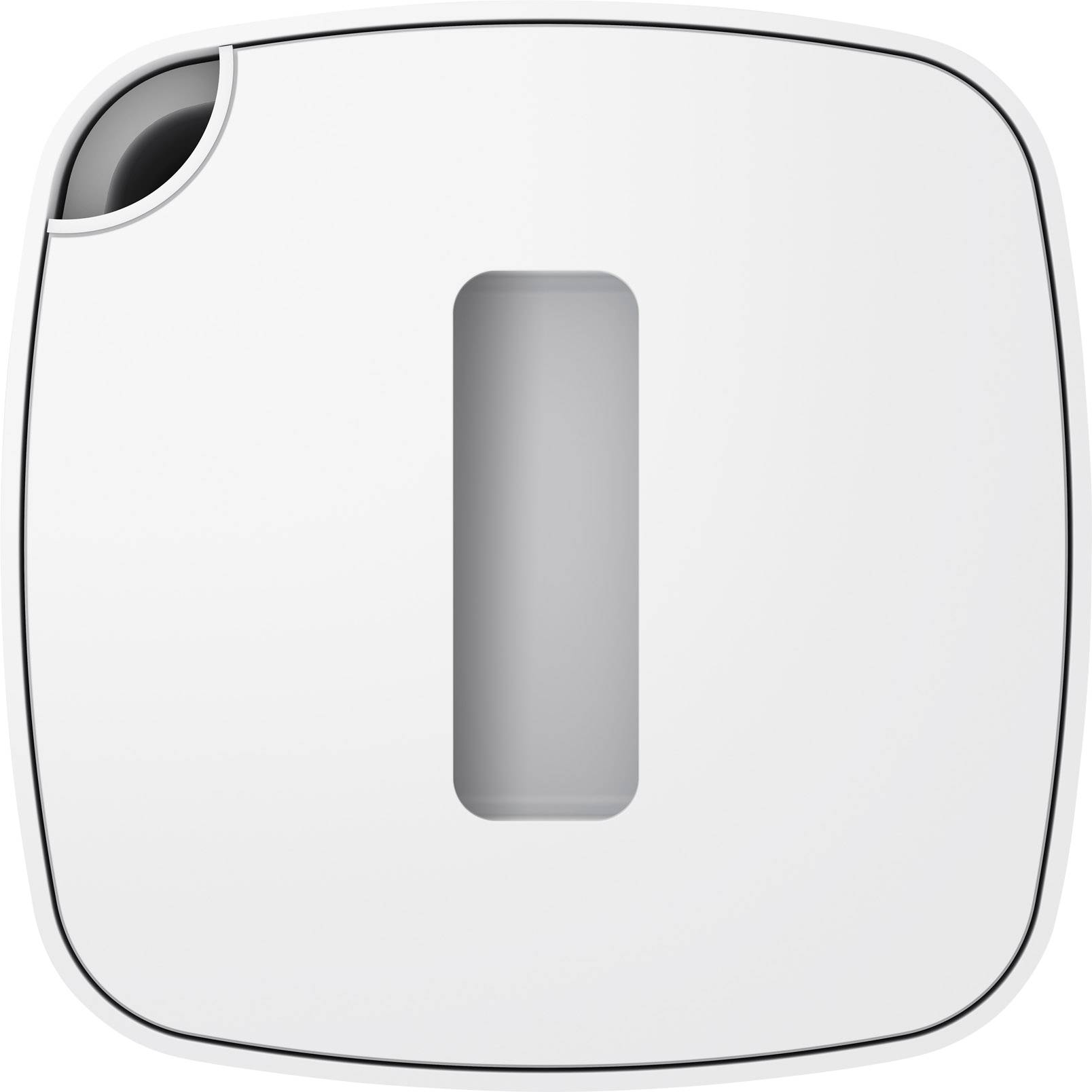 A white, square rubbish bin with a rounded design and an oval sensor field in the centre of the front panel.