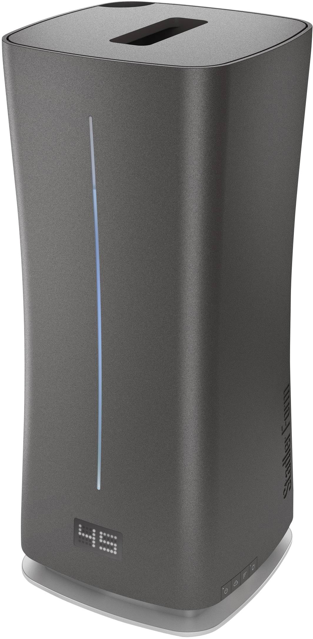 A grey air humidifier with a digital display shows the number '45'. The front features a blue vertical light strip.