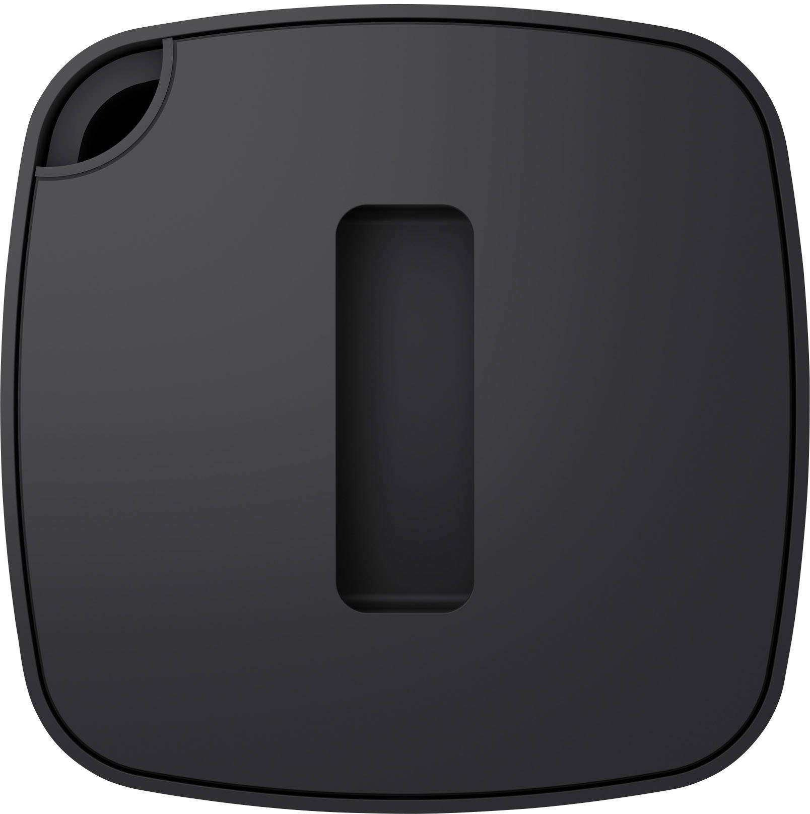 A black square object with rounded corners, an oval indentation in the centre, and a rounded corner recess.