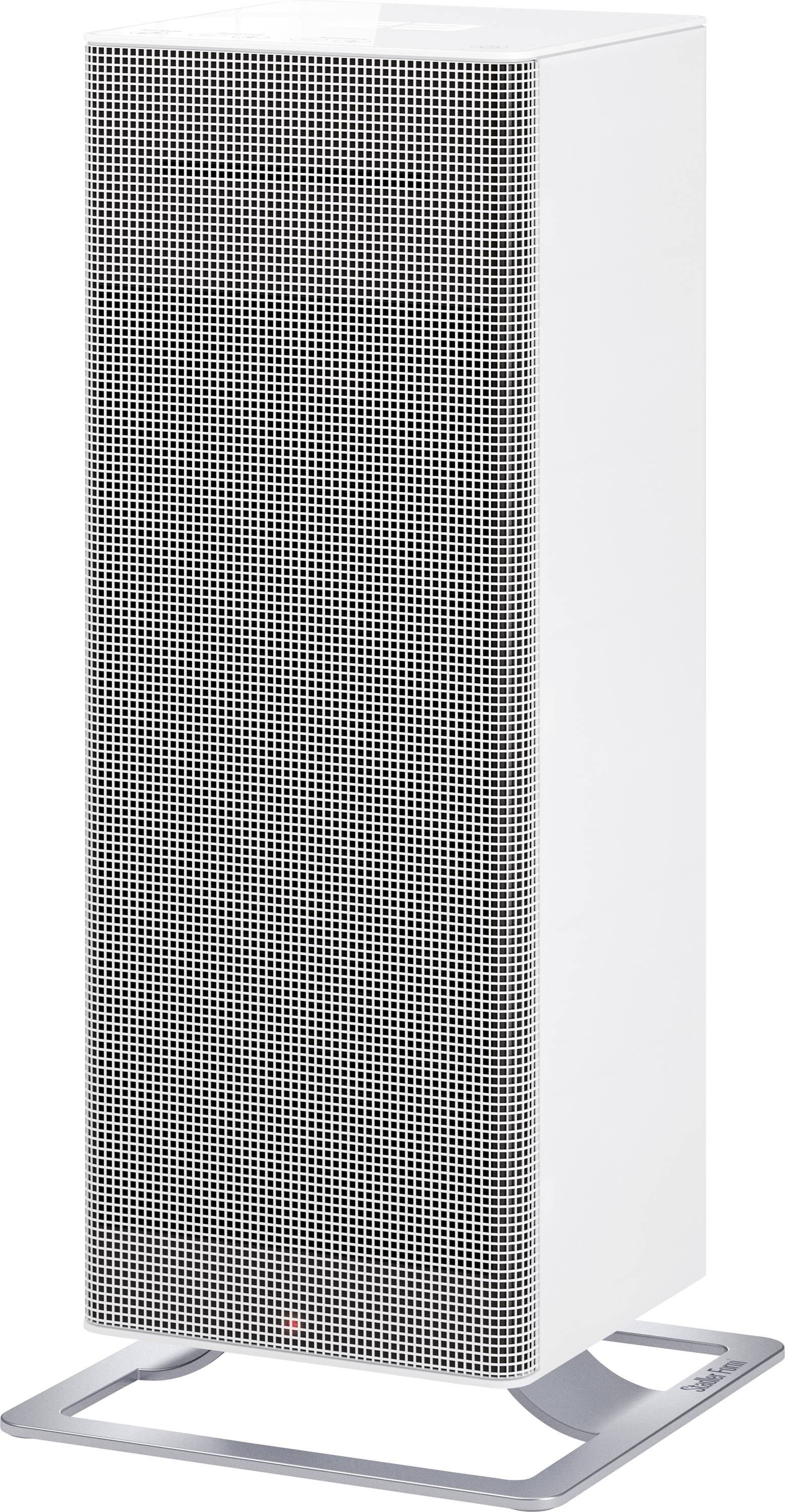 A white, rectangular tower fan with a silver base, suitable for cooling interior spaces.