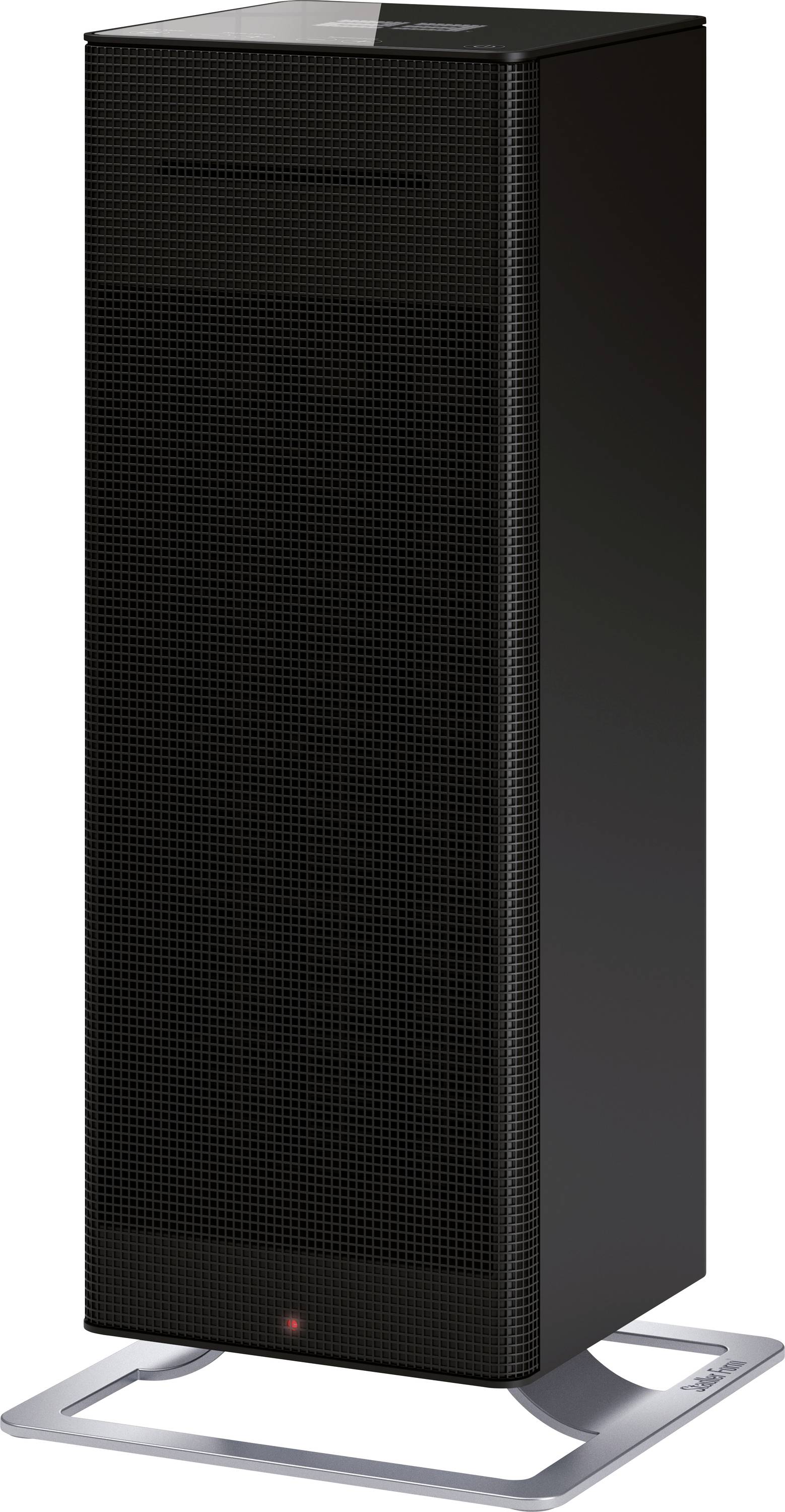 Sleek black radiator with a rectangular design, mounted on a silver stand, suitable for indoor use.