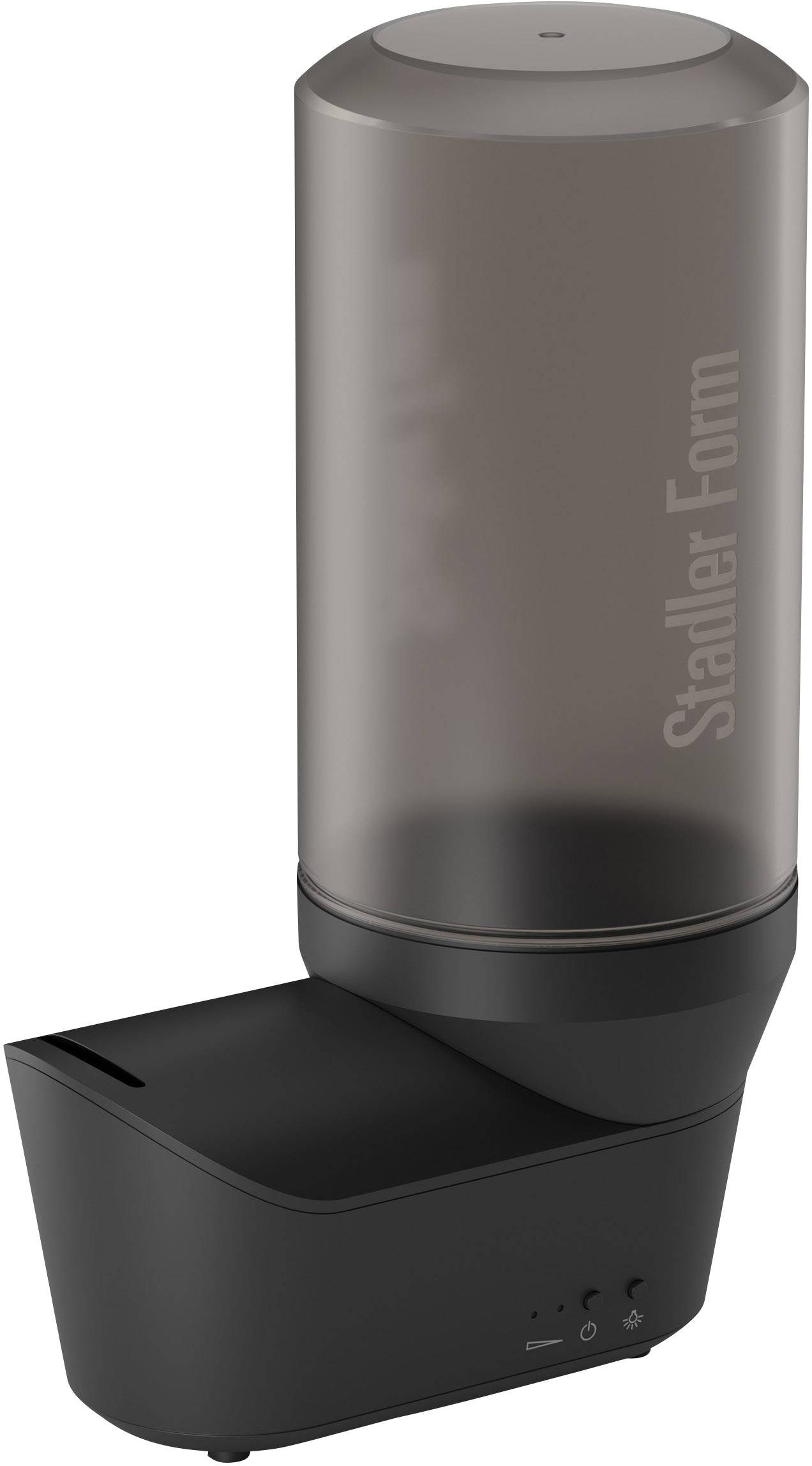 Electric air humidifier in black with a cylindrical water tank. Designed for modern interiors. 'Stadler Form' brand on the tank.
