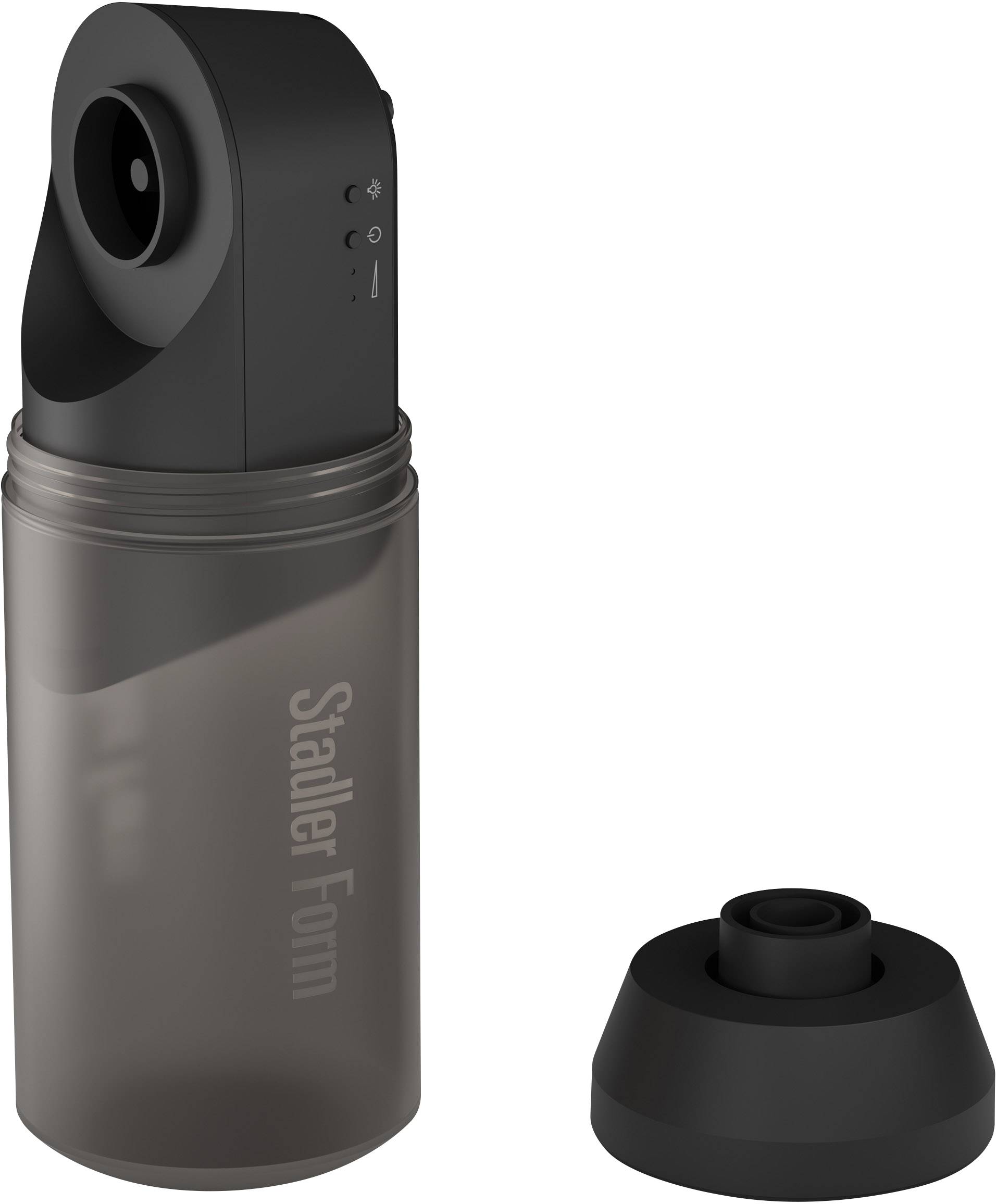 Black portable air humidifier device with removable lid by Stadler Form, suitable for travel and small rooms.